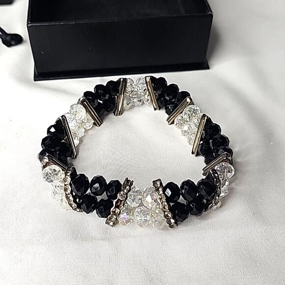 Gnoce Crystal Bracelet Black Clear Silver Rhinestone Bars Size 7.25" - Picture 2 of 2